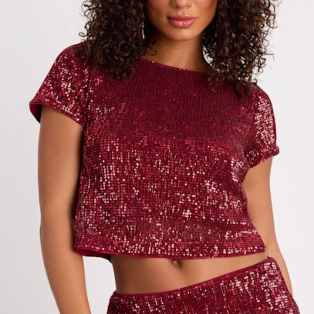 Lulus Isotta Burgundy Sequin Short Sleeve Crop Top Red - Size XS